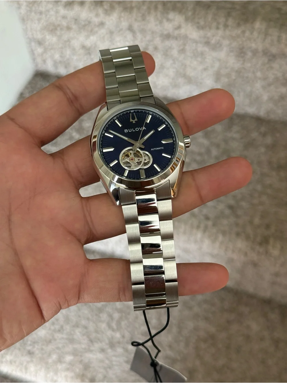 Bulova Silver Stainless Steel automatic men’s Watch with Blue Open-Heart Dial